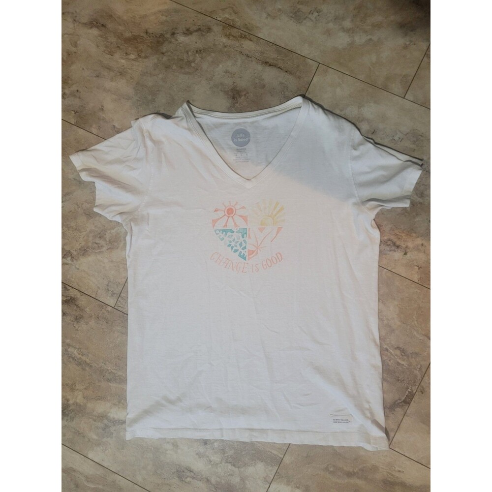 Life Is Good Change Is Good Women's White V Neck T Shirt Sz Large